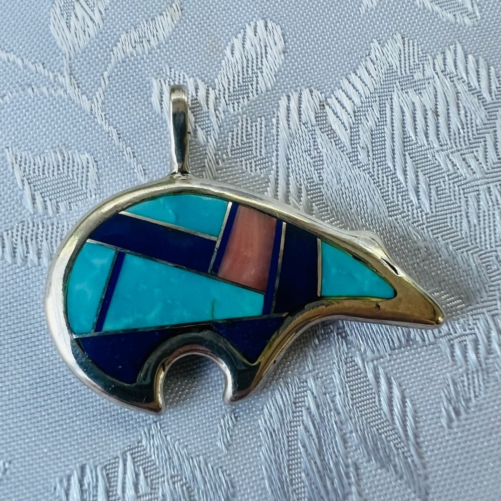 Phillip Guerro PTG Navajo Medicine Bear Silver Inlay Pendant 13.5 g Estate